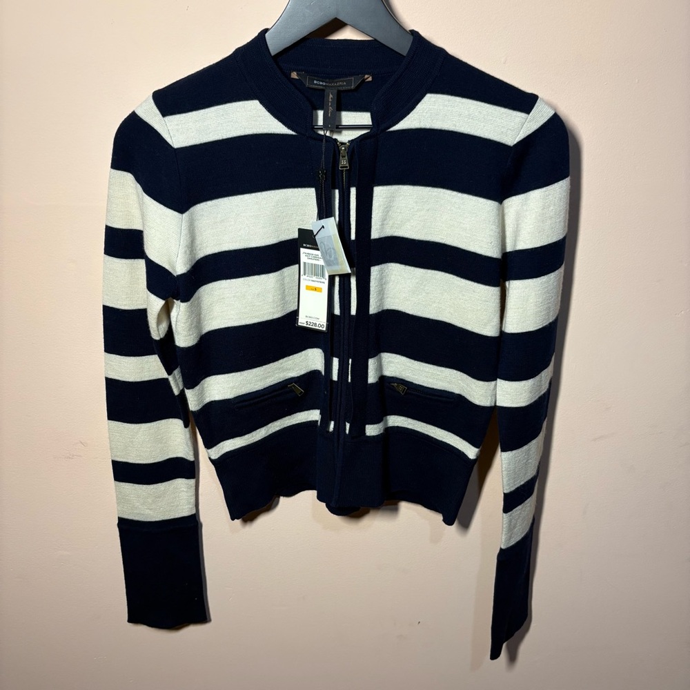 NWT BCBGMAXAZRIA Merino Wool Zip Cardigan Navy Cream Stripe Size S